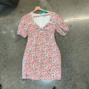 Adelyn Rae Floral Mini Dress Puff Sleeve Cottagecore Tie Front Spring Medium